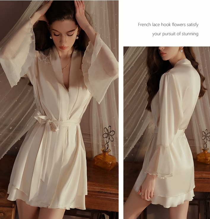 Womens Silk Robe  Set Lace Bathrobe Nightgown Summer Pajamas